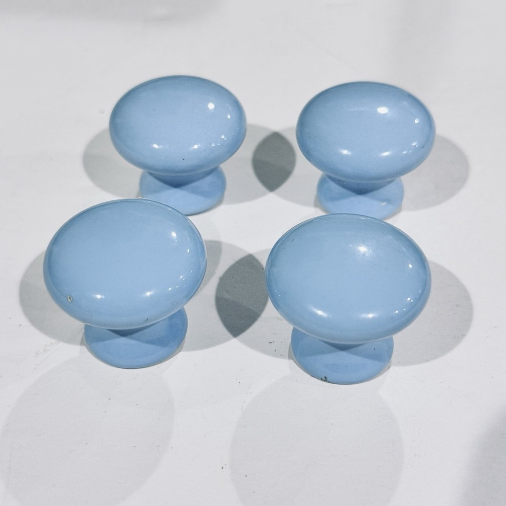 (4) Vintage Porcelain Drawer Pulls Cabinet Door Knobs Round Light Blue